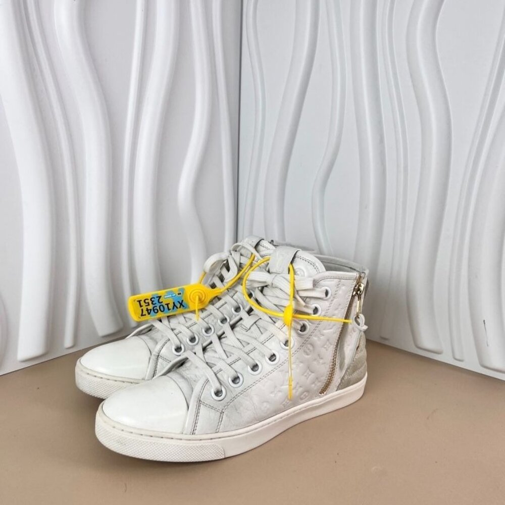 Louis Vuitton White High-Top Sneakers With Side Zipper & Monogram Detail Womens